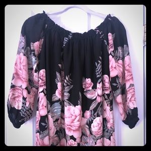 Lulu’s off the shoulder black floral dress.